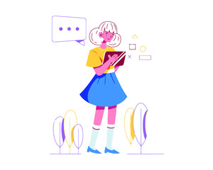 Girl sitting on pile of books with tablet in her hands concept illustration of elearning