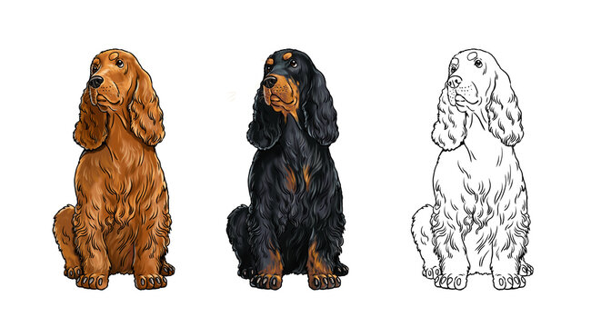 Cute English Cocker Spaniel drawing for coloring book. Isolated illustration with sweet dog.