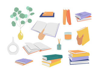 Hand drawn set with books, stack of textbooks and other home leisure activities. Isolated vector illustration