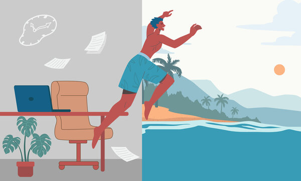 Let the summer begin. Young man jumping from office into the sea, Summer beach background. Vector design 