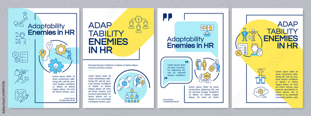 Wall mural Adaptability enemies in HR blue and yellow brochure template. Problems. Leaflet design with linear icons. Editable 4 vector layouts for presentation, annual reports. Questrial, Lato-Regular fonts used - Wall murals