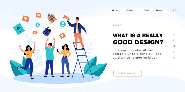 Businessman with loudspeaker advertising product or service. Happy customers getting gifts flat vector illustration. Marketing, promotion, loyalty program concept for banner, website design