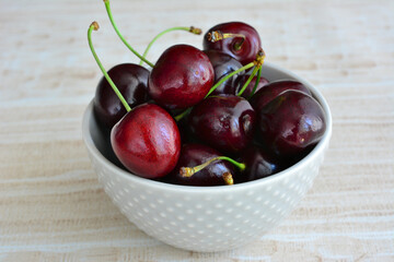 heap of fresh cherries in bowl, close-up