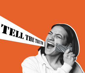 Woman with mouth sealed in adhesive tape. Free of speech, freedom of press, human rights and truth concept.