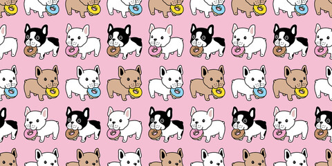 dog seamless pattern french bulldog donut eating food vector pet puppy breed cartoon scarf isolated tile background repeat wallpaper wrapping paper doodle illustration pink design