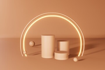 Neutral beige podium cosmetic product demonstration nude color showcase matte bubble sphere 3d render. Abstact minimal scene design composition with glowing light frame Empty place modern presentation