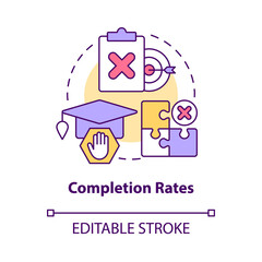 Completion rates concept icon. Do not finish college. Issue in higher education abstract idea thin line illustration. Isolated outline drawing. Editable stroke. Arial, Myriad Pro-Bold fonts used