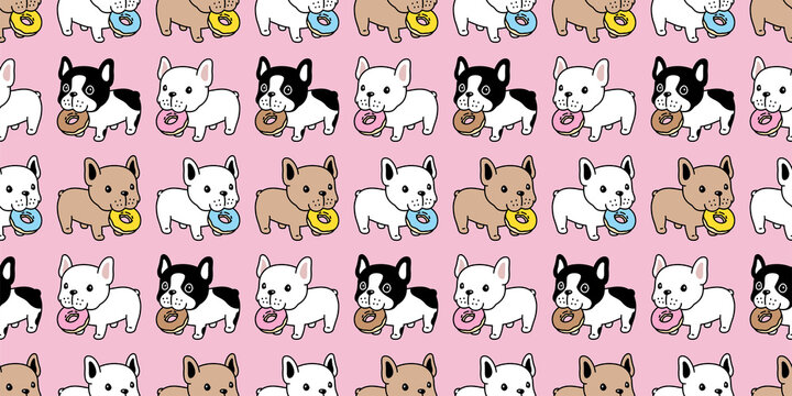 dog seamless pattern french bulldog donut eating food vector pet puppy breed cartoon scarf isolated tile background repeat wallpaper wrapping paper doodle illustration pink design