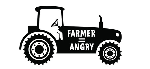 Slogan farmer is angry or no farms, no food, protect. Cartoon farmers tractor machine. Vehicle symbol or icon. For tillage and agriculture.