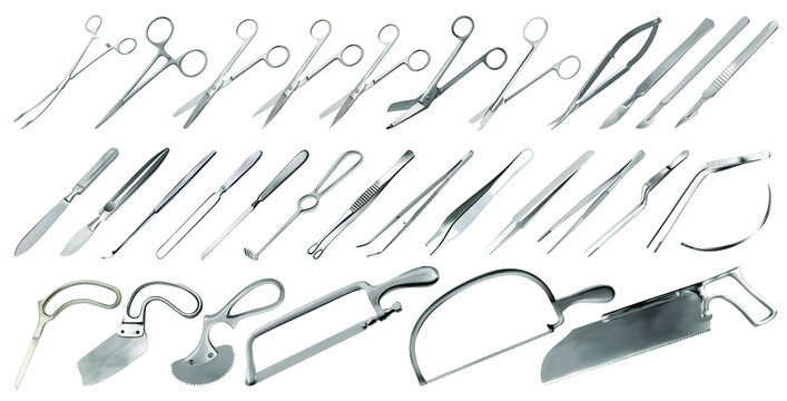 Set of surgical instruments. Tweezers, scalpels, plaster and bone saws, amputation and plaster knives, microsurgical forceps and clamps, hook, needle. Scissors of different shapes and purposes. Vector