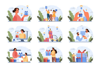 Happy people with gifts boxes set. Character group holding,