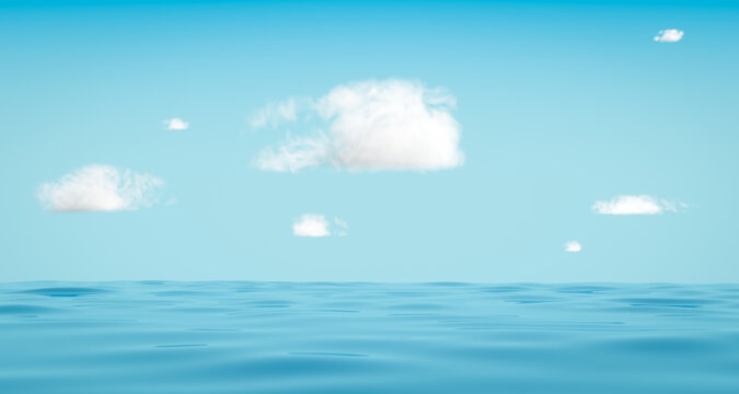 3d rendering of dreamy ocean scene with fluffy clouds.