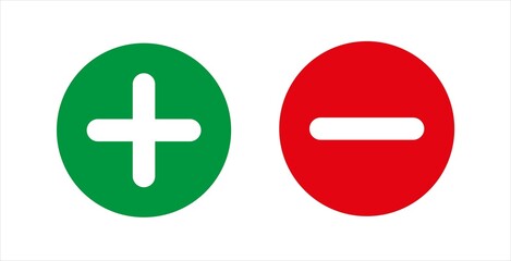 Plus and minus vector. Green and red icon. Vector illustration.