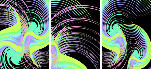 Wavy multicolor beautiful backgrounds with spiral elements. Futuristic triptych with blurred lines on a black background for posters, fabric, textiles, interior solutions, etc. 