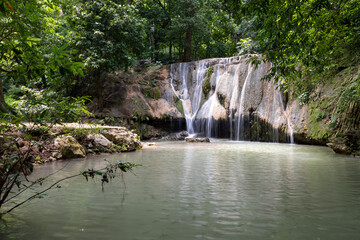 Obraz premium Jor Por Ror waterfall located in Wat Tham Phra Pho Thi Sut ,Kaeng Khoi ,Saraburi,Thailand