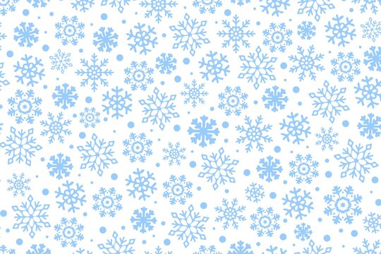 Blue Snowflakes on white background, vector Seamless Pattern. Falling Snowflakes on white backdrop. Concept of Winter holiday.