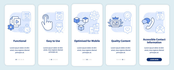 Good website characteristics light blue onboarding mobile app screen. Walkthrough 5 steps editable graphic instructions with linear concepts. UI, UX, GUI template. Myriad Pro-Bold, Regular fonts used