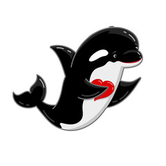 cute killer whale character. black orca with red heart cartoon illustration isolated on white. lovely underwater wild sea animal. shark dolphin funny personage for mascote, stiker, poster, card design © Elena