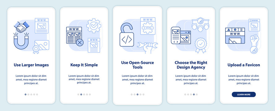 Building professional website light blue onboarding mobile app screen. Walkthrough 5 steps editable graphic instructions with linear concepts. UI, UX, GUI template. Myriad Pro-Bold, Regular fonts used