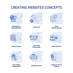 Creating websites light blue concept icons set. Learn web development idea thin line color illustrations. Write with CTA. Isolated symbols. Editable stroke. Roboto-Medium, Myriad Pro-Bold fonts used