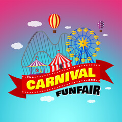 Carnival funfair banner design template. Amusement park with circus, carousels, roller coaster, attractions on festive ribbon with inscription. Fun fair festival poster. Vector eps illustration