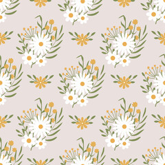 Natural floral pattern. Vector background with flower compositions and leaves for wrapping paper, fabric, school chancellery, and decorations. 