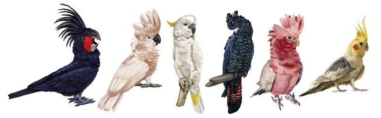 a large set of cockatoo parrots. Realistic illustration of parrot species. Macaw, black cockatoo, corella, palm cockatoo. - obrazy, fototapety, plakaty