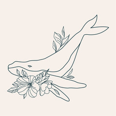 Logo template in linear style. Whales with flowers. Esoteric illustration for astrologer, shop, beauty salon