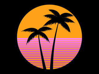 80s sunset with palm trees. Silhouette of palm trees on retro sunset background. Design of promotional products, banner and poster. Vector illustration