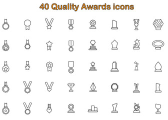 40 Quality awards icons. Outlined medals and trophy icons