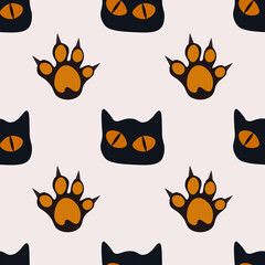 Cat Head,paw, seamless pattern, vector illustration background.Great for wrapping paper,fabric for kids and any print art.