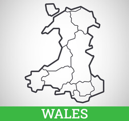 Simple outline map of Wales with regions. Vector graphic illustration.