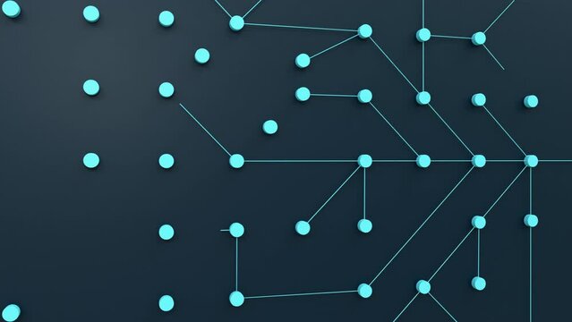 Industrial or science node tree with connections. Digital nodes connected with blue lines. The main connection is orange. Network, panel, switchboard or conducting path in the industry. 3D animation