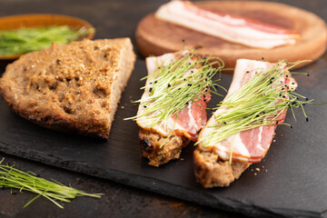 Bread sandwiches with jerky meat and lard with onion microgreen on black concrete. side view, selective focus.