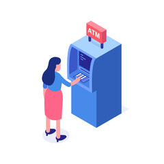 Fototapeta na wymiar Cash withdrawal service. A woman tries to use the ATM machine. Vector illustration.