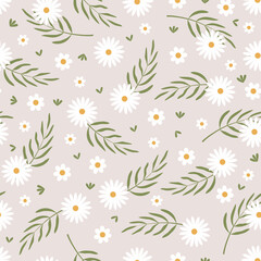 Spring seamless pattern with flowers and leaves for home, textiles, decor, and wrapping paper. Floral repeating texture in pastel colors.
