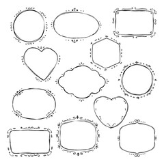 Vector set of hand drawn frames  in graphic style. Collection of isolated hearts, circles etc. For packaging templates, labels, tags or stamps and badges, cards invitations stickers, banner, branding.
