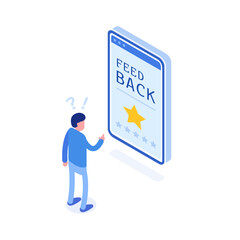 Man tries to select the number of stars for a feedback. Vector illustration. .