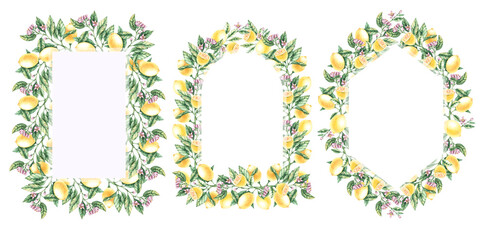 Watercolor set of lemon frames on a white background