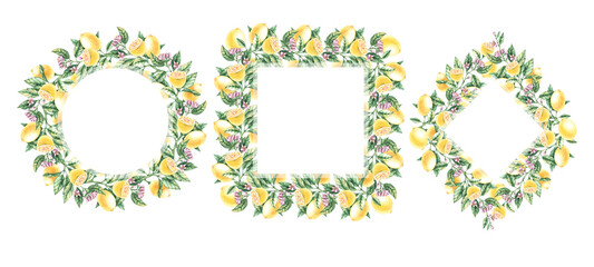 Watercolor set of lemon frames on a white background