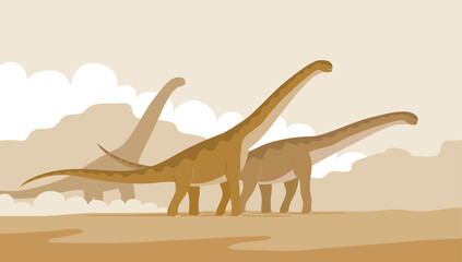 Big sauropods with a long neck and tail. Herd of lizards in the mountain desert. Herbivorous dinosaur sauropod of the Jurassic period. Prehistoric pangolin. Vector cartoon illustration