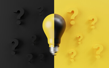 Yellow and black lightbulb among question mark and black background for creative thinking idea and solution problem solving concept by 3d render illustration.