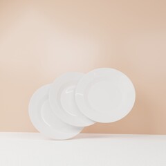 Ceramic plates for advertising banner, tableware for home. Clean dishes. 3d rendering