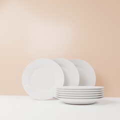 Ceramic plates for advertising banner, tableware for home. Clean dishes. 3d rendering