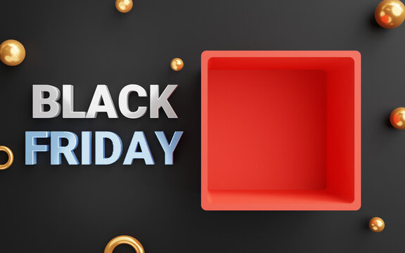 Black Friday with open red gift box on black background for the day after Thanksgiving of the traditional Christmas shopping season concept by 3d render illustration.