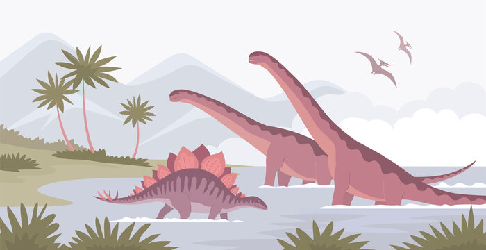 Big sauropods and stegosaurus. Lizards bathe in water. Herbivorous dinosaur of the Jurassic period. Prehistoric pangolin. Science paleontology. Wild landscape. Vector cartoon illustration