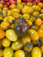 Beautiful background of yellow tomatoes with big brown tomatoes on top