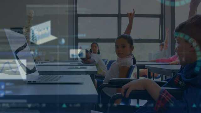 Animation of graphs and financial data over class of diverse pupils during lessons