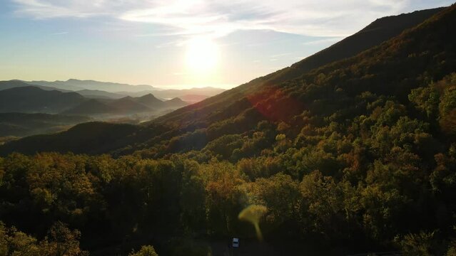 Aerial scene with drone of the autumn landscape in La Vall D En Bas, La Garrotxa, Girona, Spain. 4K UHD