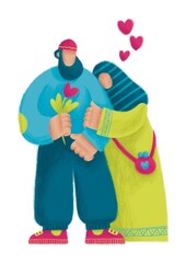 Muslim couple, wife hugging her husband, couple in love